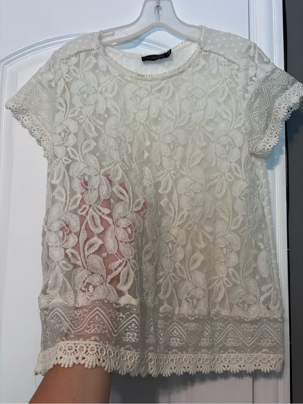 The Limited Lace Overlay Short-Sleeve Blouse in Ivory Size Small